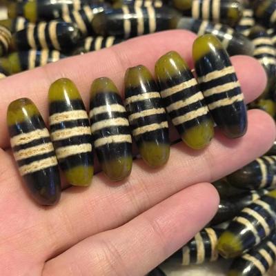 China wholesale weathered line black green archaic striped dzi natural three agate stone 10pcs/combo bead amulet jewelry accessories line for sale