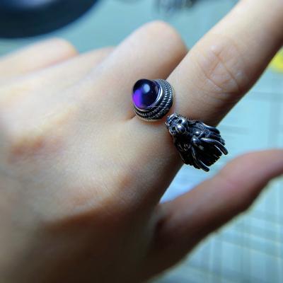 China Anillos Mujer Silver Jewelery CLASSIC Natural 925 Inlay Women's Jewelry Ring Heart Shape Adjustable Size Amethyst Gemstone Ring for sale