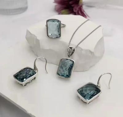 China CLASSIC 925 Sterling Silver Jewelry Sets Rings Earings Fashion Jewelry Pendant Necklace Women 10/2000 Inlaid With Blue Crystal for sale