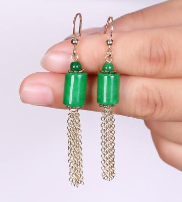 China Luxury Natural Jadeite Sapphire Cylinder Geometric Earrings 14K Gold Dry Hook Charm Women's Jewelry Pendientes Mujer Aretes De Mujer for sale