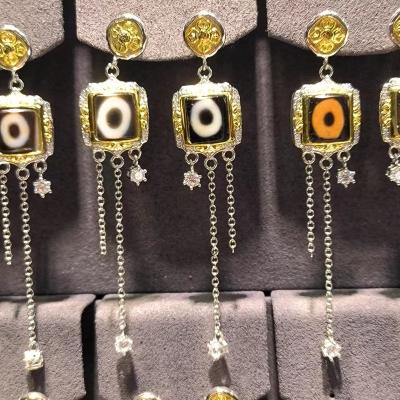 China 1pcs/lot Ethnic natural one-eye agate dzid earrings long style S925 sterling silver gold set with exquisite diamonds tassel fashion for sale