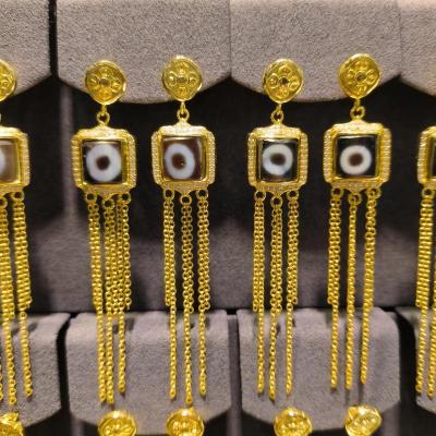 China 1pcs/lot Ethnic natural one-eye agate dzid earrings long style S925 sterling silver gold set with diamonds tassel fashion gold taki for sale