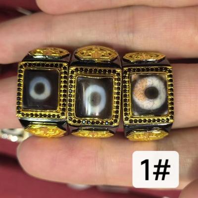 China S925 Sterling Silver Dzi Ring Men's Pattern Ethnic Natural Onyx 1pcs/lot Gold Set With Diamonds Cut Multiple Style Adjustable Taki for sale