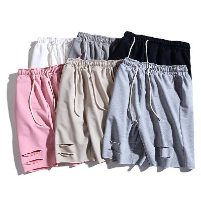 China Custom Logo Mens Distress Shorts Cotton QUICK DRY Drawstring Men's Sporty Basket Ball Ripped Shorts for sale