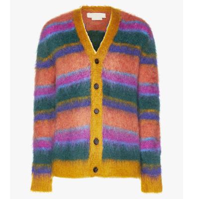 China Breathable Custom Oem & Odm Lovers Mohair Sweater Fuzzy Long Sleeve Knitwear Winter Casual Striped Zip-up Hooded Knitted for sale