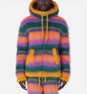 China Breathable Custom Oem & Odm Lovers Mohair Sweater Fuzzy Long Sleeve Knitwear Winter Casual Striped Zip-up Hooded Knitted for sale