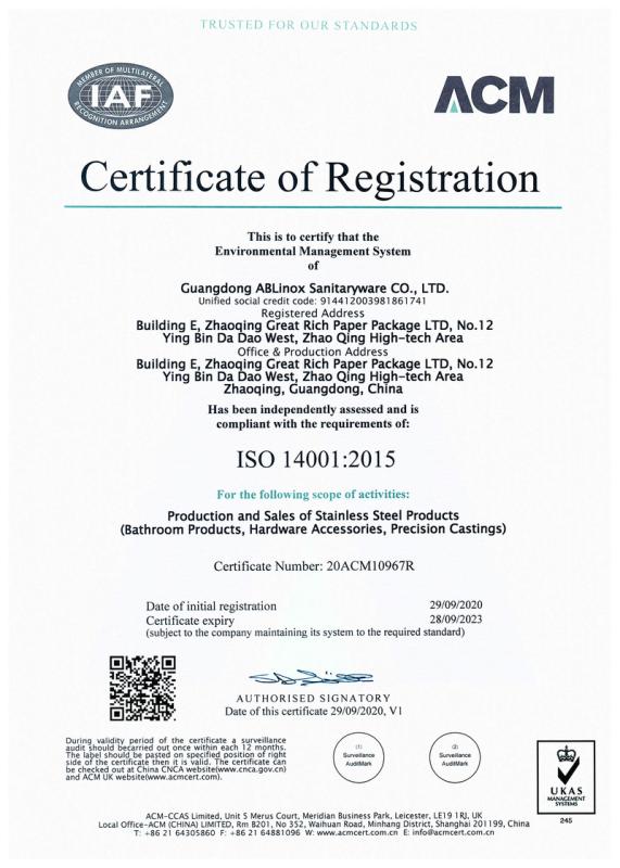 ISO14001 - Ablinox (guangdong) Precision Metal Technology Co., Ltd.