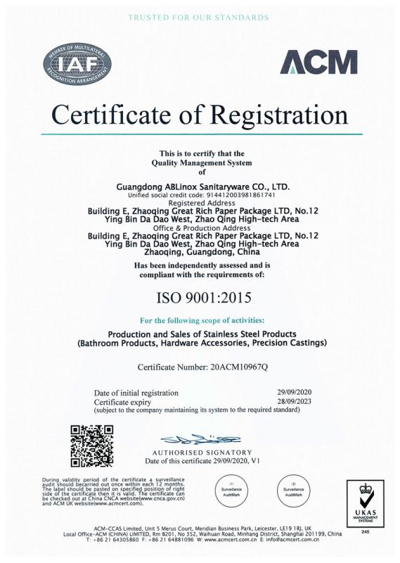 ISO9001 - Ablinox (guangdong) Precision Metal Technology Co., Ltd.