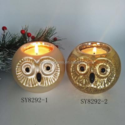 China Hand Painted Owl Indoor Glass Candle Holder Christmas Mercury Christmas Owl Candle Holder Home Decoration for sale