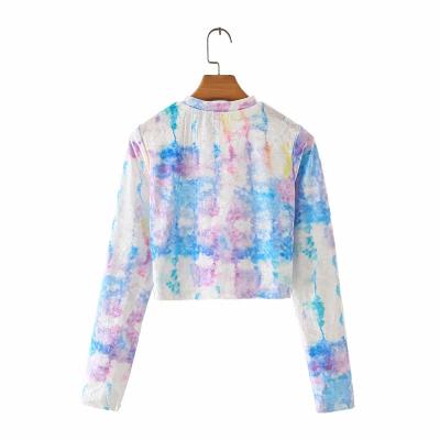 China Custom Anti-pilling Long Sleeve Tie Dye Crewneck Velvet Crop Top For Women Polyester Blouses Tops Factory In Guangdong for sale