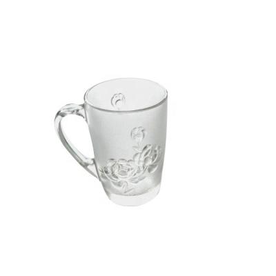 China Sustainable Customized Frosted Glass Mug With Engraved Flower Design On Glass Body for sale