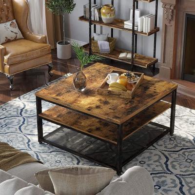 China Rustic Wooden Coffee Table 3-Tier (Other) Square Adjustable Coffee Table Coffee Table With Storage Metal Shelves For Living Room for sale