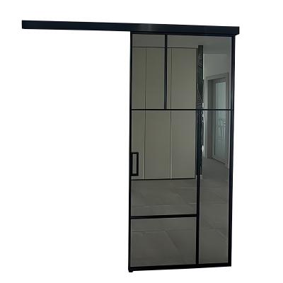 China Decoration Hot sell Cheaper Interior Bathroom Bedroom Apartment Barn Door Black Aluminium Glass Sliding Door for Power Room for sale