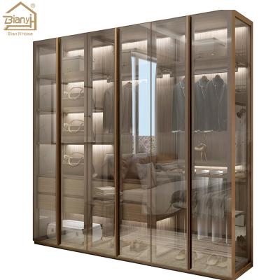 China Aluminum Profile Adjustable Door Wardrobe Wood Panel (Height) Clothes Wardrobe Closet Design Wood Grain Walkway for sale