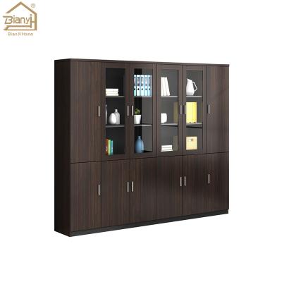 China (Height)Adjustable Office Closet 3 Layers Wooden Glass Door File Cabinet Shed Storage Cabinet for sale