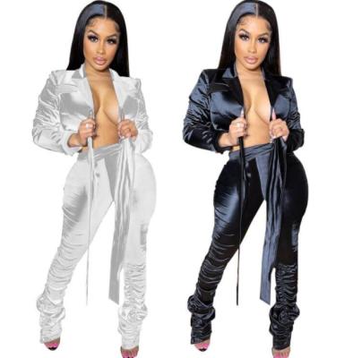 China 2 Piece Sets Satin Crop Bandage Shirt Pants Pile Pants 2 Piece Solid Color Anti Wrinkle Anti Wrinkle Fall And Winter Long Sleeve Sets Club Two Piece Sets for sale