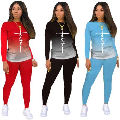 China Anti Wrinkle Faith T-shirt Neck Anti-Wrinkle Gradient Solid Long Sleeve O Pencil Pants Cute Two-Piece Drop Sets Women Loungewear 2021 Outfit For Women for sale