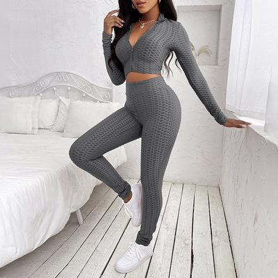 China Autumn Walf Fitted Checks Womens Breathable Breathable Clothing 2 Piece Set Long Sleeve Zipper Crop Top Cuffs Pants Two Piece Sets For Women for sale