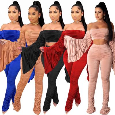 China High Quality Spandex Anti-Wrinkle Anti-Wrinkle 2 Pieces Leisure Panties Set Women Jumpsuit Rocket Sleeve Stracked Strapless Panties Long Set Spring 2021 New Party for sale