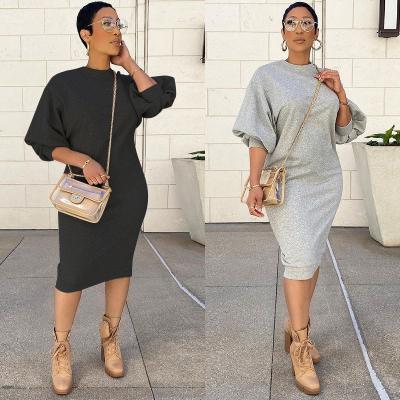 China Anti-Static Anti-static Casual Bodycon Plus Size Winter Dresses Solid O Neck Puff Sleeve Pencil Dress Plus Size Long Sleeve Midi Dress for sale