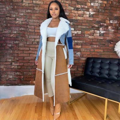 China good quality Anti-wrinkle Anti-wrinkle denim patchwork women coat wool cotton round down jacket and collar woman coat with belt ladies coat along for sale