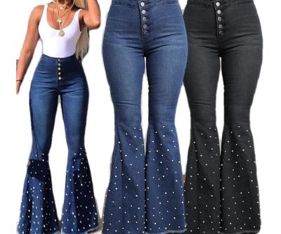 China Wholesale QUICK DRY 3XL Plus Size Button Up Bell Bottom Pants High Stretch Jeans Good Quality QUICK DRY Shape Beading Women Rockets Jeans for sale