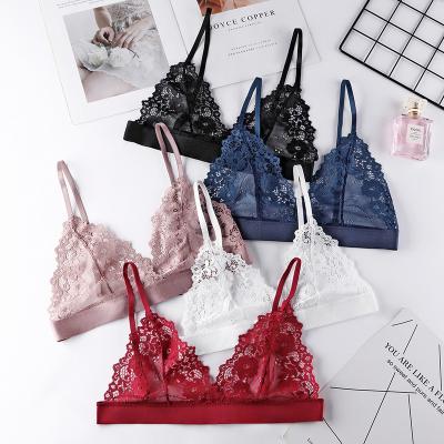 China Customized Antibacterial Lace Up Floral Lingerie Flower Bralette Lace Up Transparent Thin Underwear Bras For Ladies Woman for sale