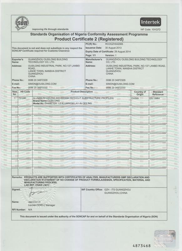 SONCAP Certificate - Guangzhou Ousilong Building Technology Co., Ltd