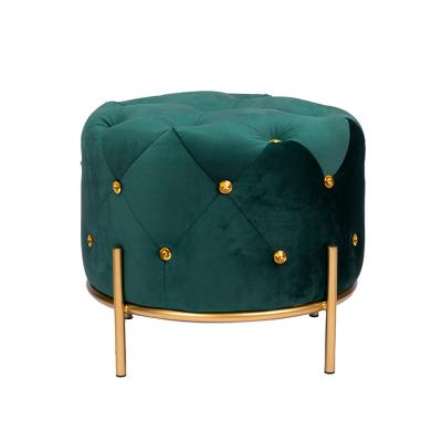 China Modern Luxury Living Room Furniture Factory Price Round Makeup Ottoman Stool Green Velvet With Gold Metal Legs for sale