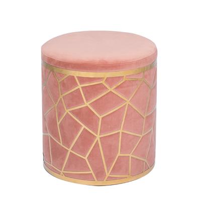 China High Quality Modern Simple Design Pink Velvet Fabric Round Ottoman Ottoman Foot Bar Stool With Gold Base for sale