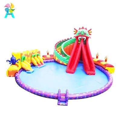 China Commercial grade 0.55mm PVC tarpaulin giant earth dragon inflatable water park beach slide with swimming pool for kids for sale