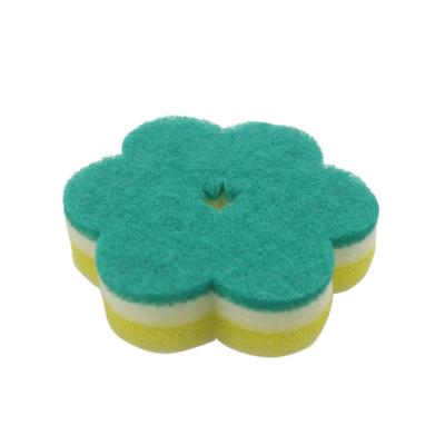 China Sustainable Flower Shaped Three-Layer Dishwashing Scrubbing Pad Composite Sponge Scrubber for sale