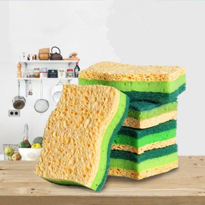 China Three-layer household kitchen cellulose tableware scouring pad viable s-type thickened double-sided sponge for sale