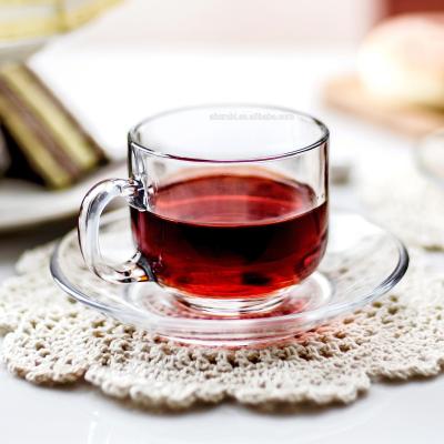 China Best selling C45 glass cup and saucer set cherry red hot-selling household glass cup and saucer set for sale