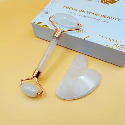 China White Natural Stone Jade Roller Facial Tools Message Face Lift Quartz Jade Roller and Gua Sha Facial Set for sale