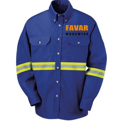 China FR 100%Cotton Vis Reflective Stripe Construction Workers Men's Workwear Fire Retardant Work Shirts Anti Shrink High Safety Drill Shirts for sale