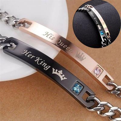 China Romantic His Queen Her King Lover Gifts Women Mens Chain Link Bracelets For Couples Jewelry 2pcs Steel Bracelet for sale