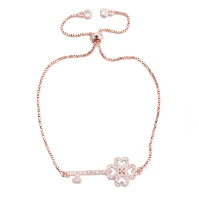 China Crystal Clover Key Copper Chain Adjustable Bracelet Bracelets New CZ Love Couples Copper Jewelry 4 Colors For Women for sale