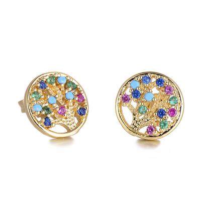 China Trendy Trendy Gold Color Jewelry Stud Earrings For Women Cubic Zirconia Tree of Life Copper Stud Earrings for sale