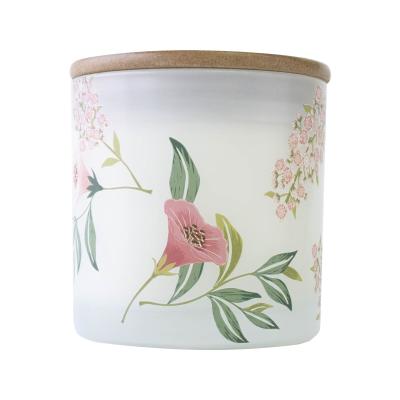 China Private Label Scented Glass Jar Floral Printed Scented Candle With Wooden Lid Customized for sale