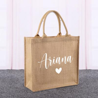 China Personalized Burlap Bridesmaid Gift Tote Jute Supermarket Eco Handled Handbag With Logo for sale