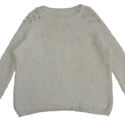 China Knitted sweater of anti-pilling women's pullover in fancy hairy yarn with embroidery bead decoration for sale