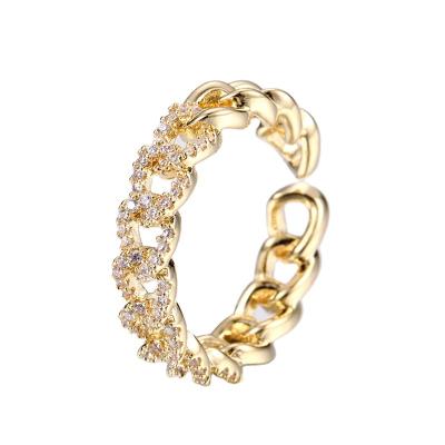 China FASHIONABLE Creative Open Zircon Cuban Chain Design Iced Out Ring Jewelry Women Adjustable Real Gold Plated Cuban Chain Ring for sale