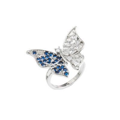 China Newest Fashion Romantic Jewelry Wholesale Custom Rings Luxury Shiny Blue Zircon Wedding Butterfly Adjustable Rings For Women for sale