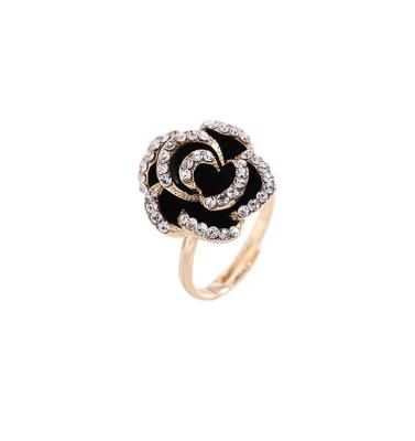 China Romantic Fashion Real Gold Plated Bling Rhinestone Black Oil Drip Camellia Flower Adjustable Opening Statement Rings For Women for sale