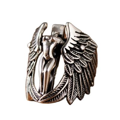 China Real Punk Silver Plated Punk Jewelry Ring Cool Skull Angle Feather Wing Factory Wholesale Price Fashion Gift for sale