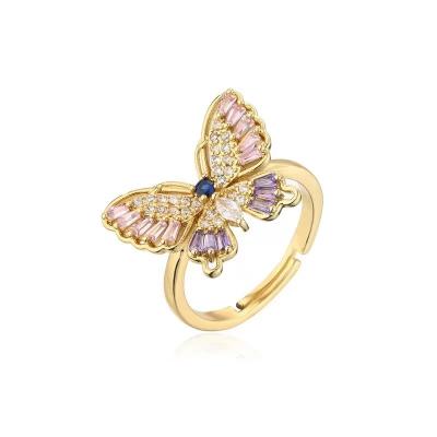 China TRENDY Hip Hop Real Gold Plated CZ Cubic Zircon Butterfly Rings Bling Rhinestone Crystal Butterfly Adjustable Ring For Women for sale