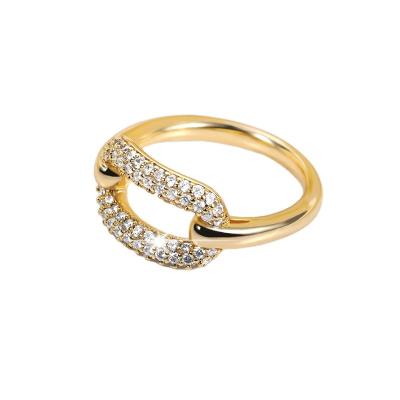 China Hip Hop Style Women's Luxury CZ Crystal Cuban Chain Ring 18K Gold Plated Fashion Jewelry Gold Design Brass Ring for sale