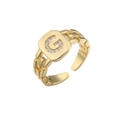 China Hiphop Fashion Hip Hop Jewelry Letters G H I Open Rings Shape Gold Plated Copper Jewelry Cuban Link Adjustable CZ Chain Rings for sale