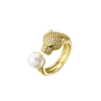 China Trendy Hip Hop Fashion Women Pave CZ Sapphire Zircon Eye Head Open 18K Gold Plated Pearl Rings for sale